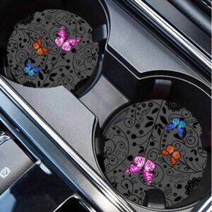 Butterfly Coaster Floral Black Background  Multi Color Auto Car